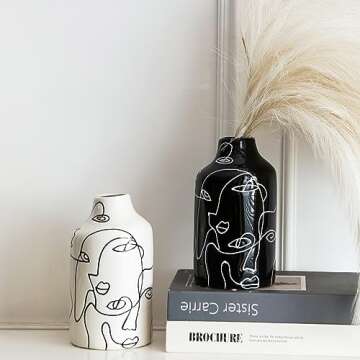 Kimdio Ceramic Vase Set, 2pcs Black and White Abstract Irregular Design Flower Vases, Modern Home De...