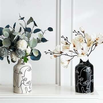 Kimdio Ceramic Vase Set, 2pcs Black and White Abstract Irregular Design Flower Vases, Modern Home Decor Living Room Decor Minimalist Decorative Vase for Pampas Grass