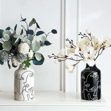Kimdio Ceramic Vase Set, 2pcs Black and White Abstract Irregular Design Flower Vases, Modern Home Decor Living Room Decor Minimalist Decorative Vase for Pampas Grass