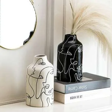 Kimdio Ceramic Vase Set, 2pcs Black and White Abstract Irregular Design Flower Vases, Modern Home Decor Living Room Decor Minimalist Decorative Vase for Pampas Grass