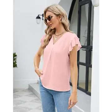 Blooming Jelly Womens Dressy Casual Shirts Short Sleeve V Neck Work Blouse Business Casual Summer Tops 2025(Large, Light Pink)