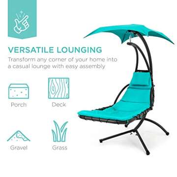 Best Choice Products Outdoor Hanging Curved Steel Chaise Lounge Chair Swing w/Built-in Pillow and Removable Canopy - Teal