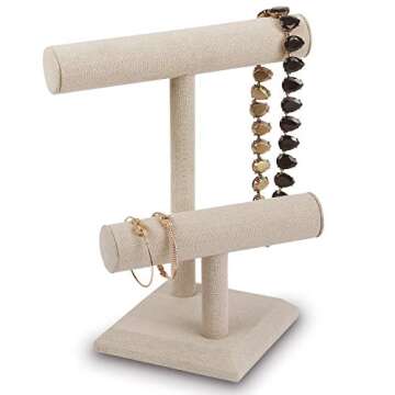 Mooca Linen 2 Tier Wooden Jewelry Display Perfect for Bracelet Bangle Watch for Home Organization, Store, Tradeshow and Showcase, Tan Linen