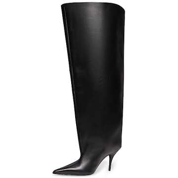 Kluolandi Women's Wide Calf Knee High Boots Stiletto Cone Heel Boots Pointed Toe Pull On Black Boot Heels for Women Size 8.5