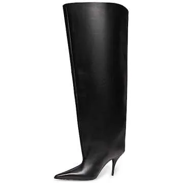 Kluolandi Women's Wide Calf Knee High Boots Stiletto Cone Heel Boots Pointed Toe Pull On Black Boot Heels for Women Size 8.5