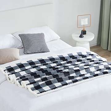 Touchat Sherpa Plaid Twin Blanket 60" X 70", Fuzzy Fluffy Soft Cozy Throw Blanket, Twin Size Plush Fleece Flannel Plush Microfiber Blanket for Couch Bed Sofa (Black)