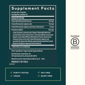 Gaia Herbs Gas & Bloating - Provides Relief from Occasional Gas and Bloating - with Activated Charcoal, Fennel, Chamomile, Cumin, and Peppermint Leaf Essential Oil - 50 Vegan Capsules (25-Day Supply)