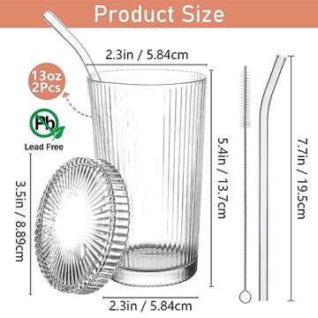 Ribbed Glass Tumblers with Lids & Straws - Vintage Iced Coffee Cups, Juice Glasses - 13oz Glassware ...