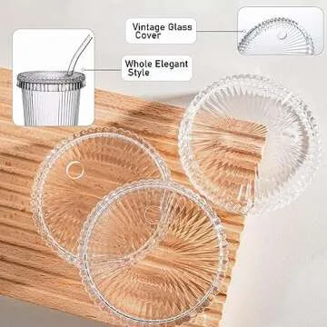 Ribbed Glass Tumblers with Lids & Straws - Vintage Iced Coffee Cups, Juice Glasses - 13oz Glassware Set of 2, Beverage Cups with Vertical Stripe Pattern and Origami Style