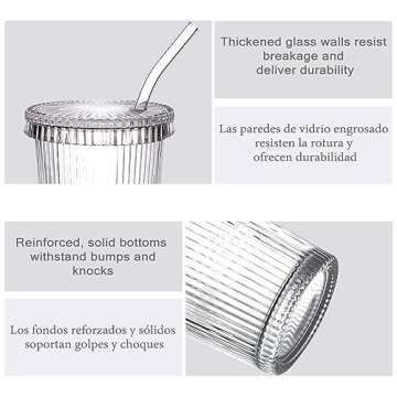 Ribbed Glass Tumblers with Lids & Straws - Vintage Iced Coffee Cups, Juice Glasses - 13oz Glassware Set of 2, Beverage Cups with Vertical Stripe Pattern and Origami Style