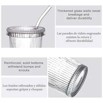 Ribbed Glass Tumblers with Lids & Straws - Vintage Iced Coffee Cups, Juice Glasses - 13oz Glassware Set of 2, Beverage Cups with Vertical Stripe Pattern and Origami Style