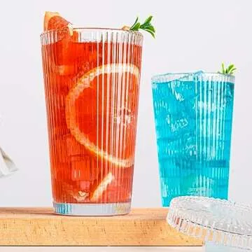 Ribbed Glass Tumblers with Lids & Straws - Vintage Iced Coffee Cups, Juice Glasses - 13oz Glassware Set of 2, Beverage Cups with Vertical Stripe Pattern and Origami Style
