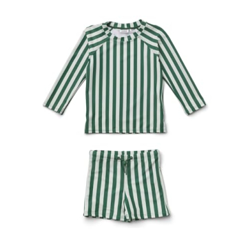LDIOIF Toddler Boys Green Striped Rash Guard Swimsuit Set - UPF 50+ Protection