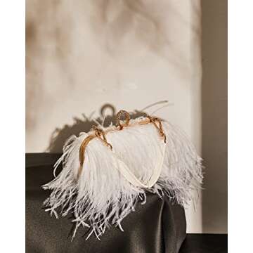 Tessco Women Ostrich Feather Tote Bag Fluffy Purse Clutch Feather Evening Handbag for Wedding(White)