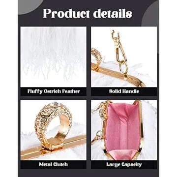 Tessco Women Ostrich Feather Tote Bag Fluffy Purse Clutch Feather Evening Handbag for Wedding(White)
