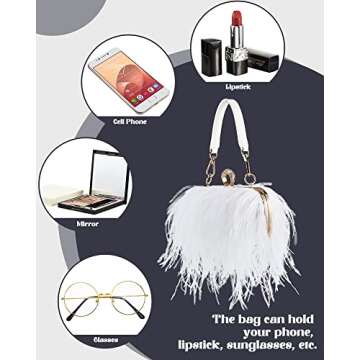 Tessco Women Ostrich Feather Tote Bag Fluffy Purse Clutch Feather Evening Handbag for Wedding(White)
