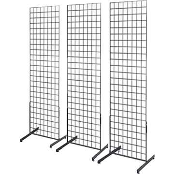 Only Hangers 2' x 6' Grid Wall Panel Floorstanding Display Fixture with Deluxe T-Style Base, Black or White. Three-Pack Combo. (BLACK)