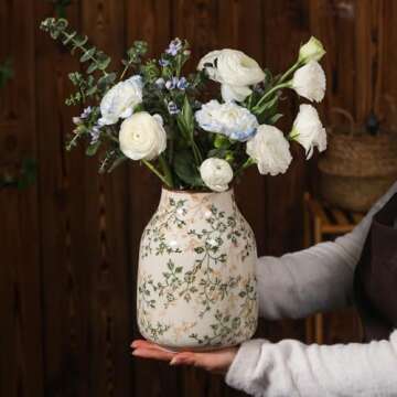 Luweoxy Rustic Vintage Ceramic Vase, 7.8 inch Beige and Green Floral Vase Chinoiserie Farmhouse Anti...
