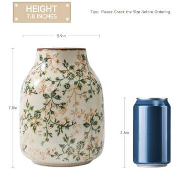 Luweoxy Rustic Vintage Ceramic Vase, 7.8 inch Beige and Green Floral Vase Chinoiserie Farmhouse Antique Decorative Flower Vases for Home Decor Tuscan Decor