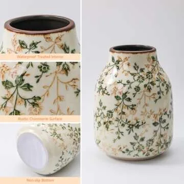 Luweoxy Rustic Vintage Ceramic Vase, 7.8 inch Beige and Green Floral Vase Chinoiserie Farmhouse Antique Decorative Flower Vases for Home Decor Tuscan Decor