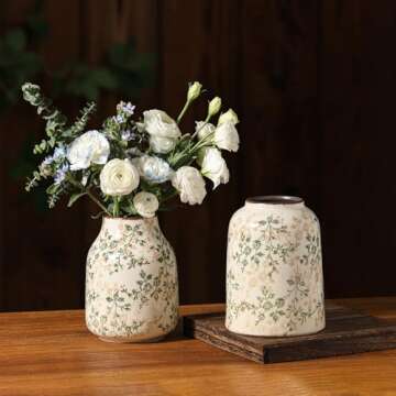 Luweoxy Rustic Vintage Ceramic Vase, 7.8 inch Beige and Green Floral Vase Chinoiserie Farmhouse Antique Decorative Flower Vases for Home Decor Tuscan Decor