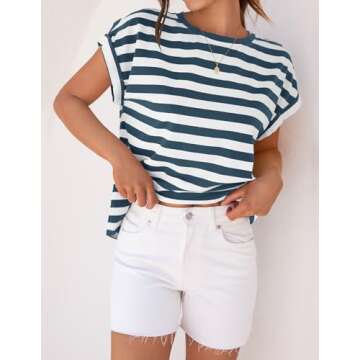 ZESICA Womens Summer Cap Sleeve Crewneck Tops Casual Loose Striped T-Shirts Basic Tees,Dustyblue,Small