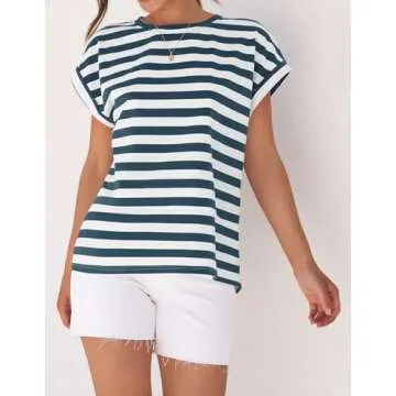 ZESICA Womens Summer Cap Sleeve Crewneck Tops Casual Loose Striped T-Shirts Basic Tees,Dustyblue,Small