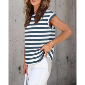 ZESICA Womens Summer Cap Sleeve Crewneck Tops Casual Loose Striped T-Shirts Basic Tees,Dustyblue,Small