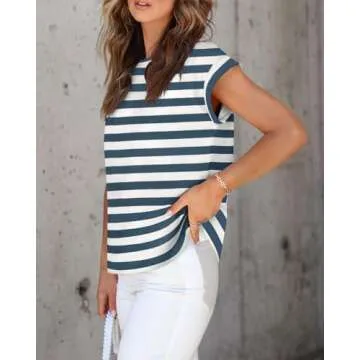 ZESICA Womens Summer Cap Sleeve Crewneck Tops Casual Loose Striped T-Shirts Basic Tees,Dustyblue,Small
