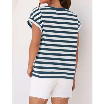 ZESICA Womens Summer Cap Sleeve Crewneck Tops Casual Loose Striped T-Shirts Basic Tees,Dustyblue,Small