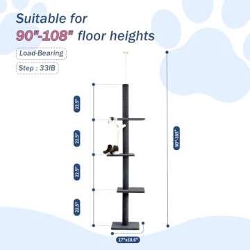 Cat Craft Cat Tree Floor to Ceiling 95-108" Tall Cat Tree Carpet Cat Tower Kitten Tree Sisal Scratching Post and Mat Cat Pole for Indoor Cats, Charcoal, Style A