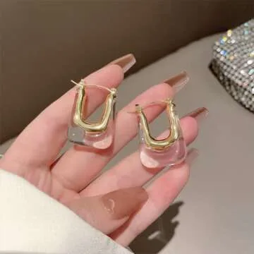 BETHNISIER U Hoop Earrings Acrylic and Metal Drop Earrings Simple and Elegant Earrings for Women office Lady Unique Jewelry for Daily Life (transparent)
