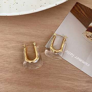 BETHNISIER U Hoop Earrings Acrylic and Metal Drop Earrings Simple and Elegant Earrings for Women office Lady Unique Jewelry for Daily Life (transparent)