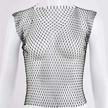 FlyCC Women Sexy Mesh Tank Tops Rhinestone Glitter See Through Hollow Out Crop Tops for Rave,Party,Clubwear
