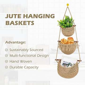 OMERAI Hanging Fruit Baskets for Kitchen 3 Tier Handmade Jute Wall Hanging Fruit Basket Onion Basket Storage Boho Wall Hanging Baskets for Organizing Woven Pantry Baskets Vegetable Storage
