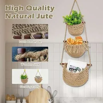 OMERAI Handmade Jute Hanging Fruit Baskets for Kitchen