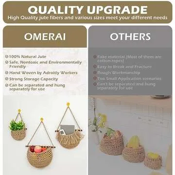 OMERAI Handmade Jute Hanging Fruit Baskets for Kitchen