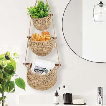 OMERAI Hanging Fruit Baskets for Kitchen 3 Tier Handmade Jute Wall Hanging Fruit Basket Onion Basket Storage Boho Wall Hanging Baskets for Organizing Woven Pantry Baskets Vegetable Storage