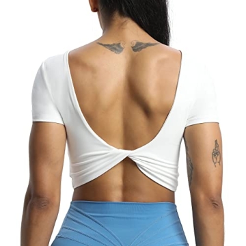 Aoxjox Short Sleeve Crop Tops for Women Emma Backless Twist Back Workout Cropped T Shirt Top (White,...