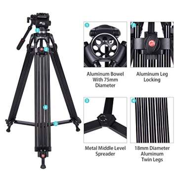 Professional Video Tripod,73 Inchs Heavy Duty Aluminum Alloy Tripod with Fluid Drag Head, 1/4″and 3/8″Quick Release Plate,Max Loading 7KG,with Carrying Bag for Video Camera Camcorder