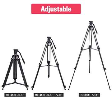 Professional Video Tripod,73 Inchs Heavy Duty Aluminum Alloy Tripod with Fluid Drag Head, 1/4″and 3/8″Quick Release Plate,Max Loading 7KG,with Carrying Bag for Video Camera Camcorder