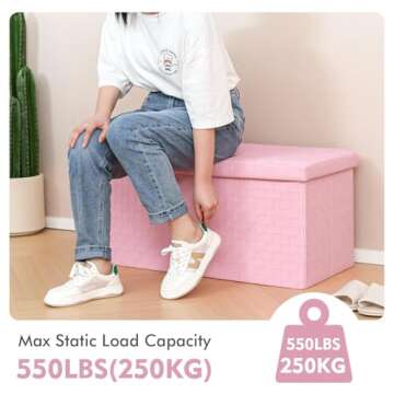 B FSOBEIIALEO Folding Storage Ottoman, Faux Leather Footrest Seat Long Bench Toy Box Chest for Girls, Pink 30"x15"x15"