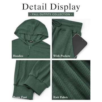 BTFBM Women's Fall 2 Piece Outfits 2024 Casual Tracksuit Long Sleeve Zip Up Hoodie Long Pants Lounge Sets(Solid Dark Green,Small)