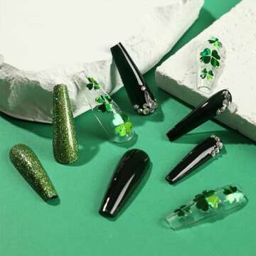 St. Patrick's Day Press on Nails Coffin Long Fake Nails With Green Glitter Shamrock Sequins Rhinesto...