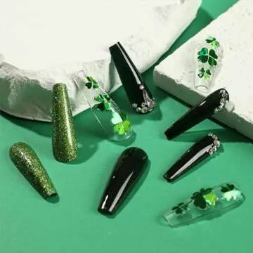 St. Patrick's Day Press on Nails Coffin Long Fake Nails With Green Glitter Shamrock Sequins Rhinesto...