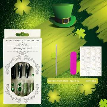 St. Patrick's Day Green Glitter Press on Nails Kit 24pcs