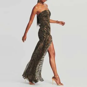 Elyincii Women's Strapless Leopard Print Long Party Dress