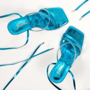 GENSHUO Lace Up Sandals Open Toe High Stiletto Heels Strappy Tie Up Party Prom Homecoming Dress Shoes Blue Size 7