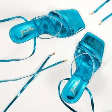 GENSHUO Lace Up Sandals Open Toe High Stiletto Heels Strappy Tie Up Party Prom Homecoming Dress Shoes Blue Size 7