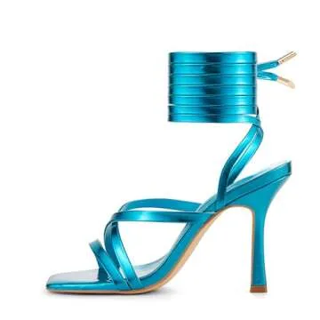 GENSHUO Lace Up Sandals Open Toe High Stiletto Heels Strappy Tie Up Party Prom Homecoming Dress Shoes Blue Size 7